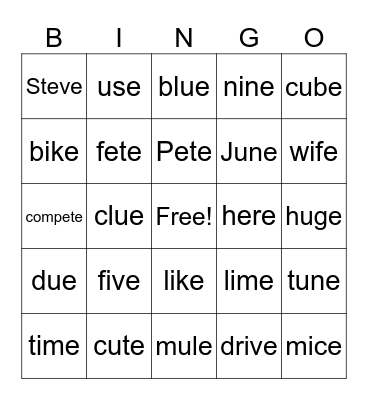 Silent E Words Bingo Card