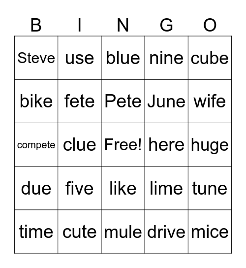 Silent E Words Bingo Card