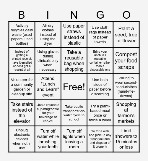 Sustainability Week Bingo Card