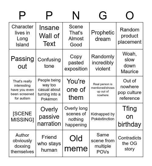 Pokéumans Spinoff Bingo Card