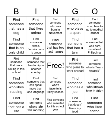 Get to Know Your Classmates Bingo Card