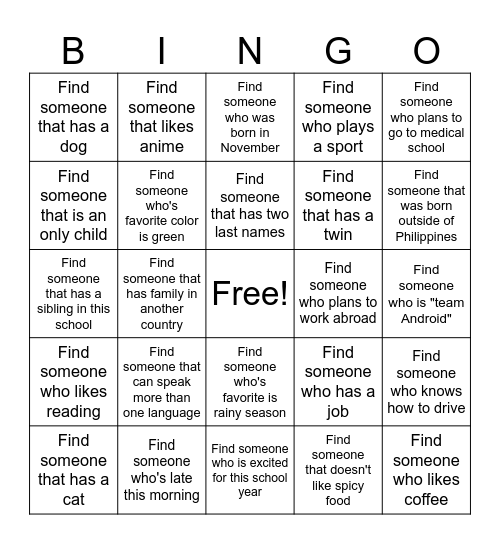 Get to Know Your Classmates Bingo Card