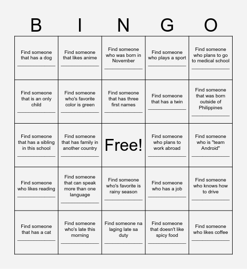 Get to Know Your Classmates Bingo Card