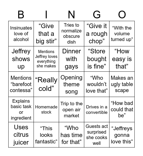 Barefoot Contessa Bingo Card