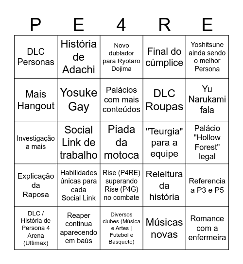Persona 4 Revival Bingo Card