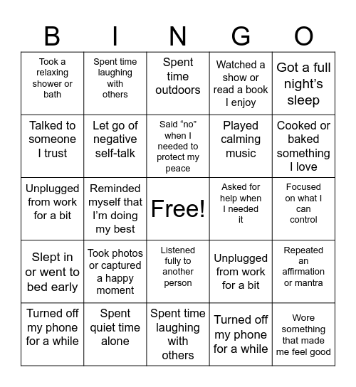 Self Care Bingo Card