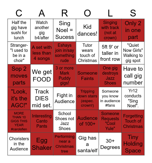 2025 Unofficial AGC Carols Bingo Card