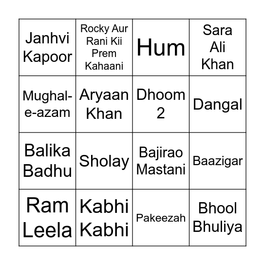 Bollywood Bingo Card