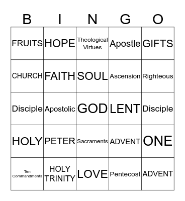 Faith Formation 8th Grade 1st Half Bingo Card