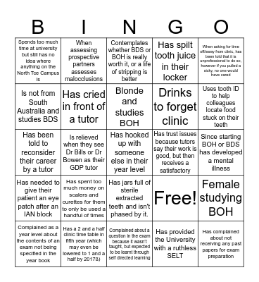 Adelaide Dental School Bingo Card