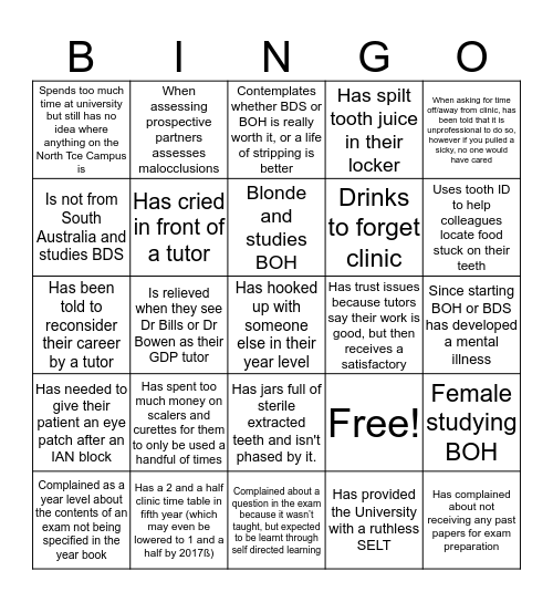 Adelaide Dental School Bingo Card