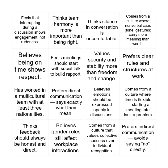 Comparing cultures BINGO Card