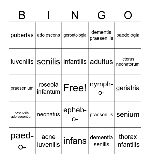 Věk latina Bingo Card