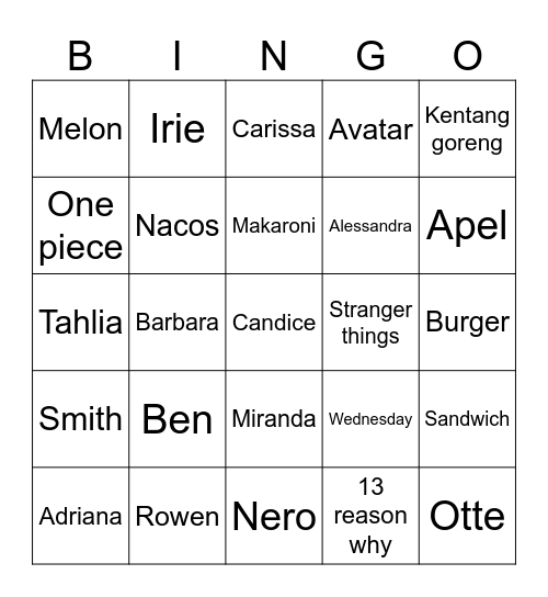 Syanai Bingo Card