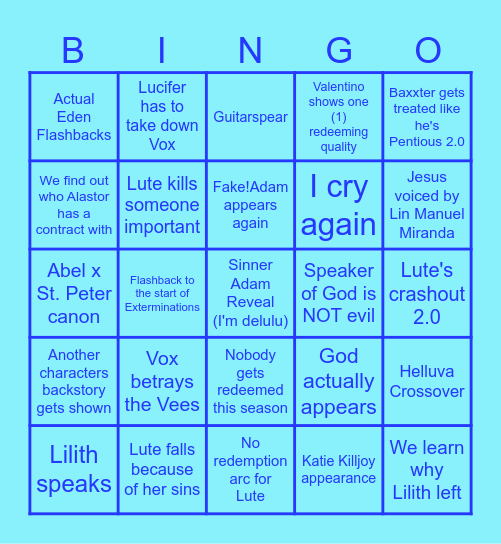 Hazbin S2 Predictions Bingo Card