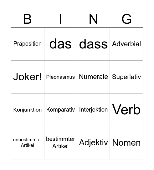 Wortarten Bingo Card