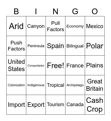 North America Bingo Card