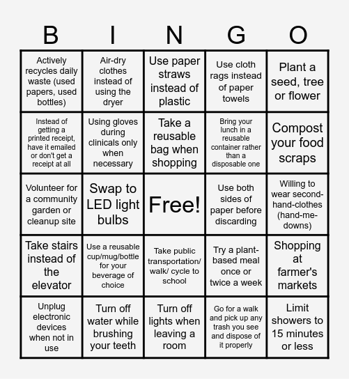 Sustainability Week Bingo Card