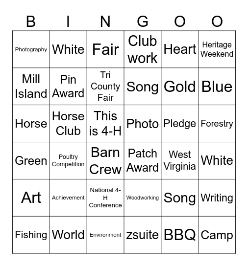 4-H Achievement Bingo Card