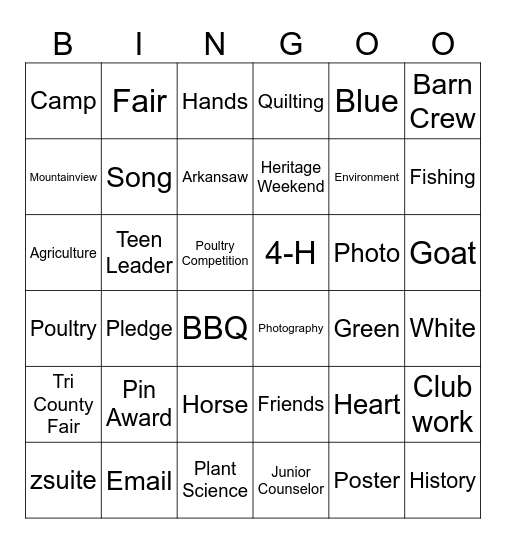 4-H Achievement Bingo Card