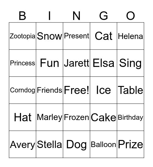 Helena's Birthday Bingo Card