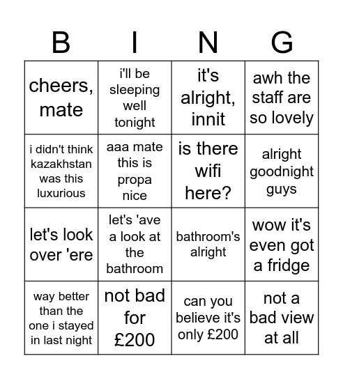 SIMON WILSON KAZAKH 5 STAR HOTEL Bingo Card