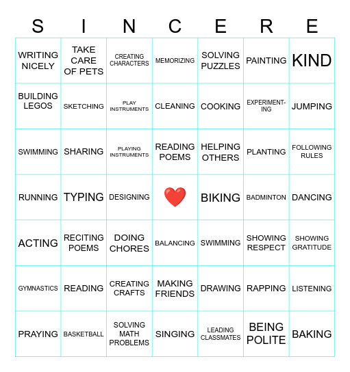 MY TALENTS AND SKILLS Bingo Card