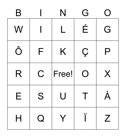 French Alphabet Bingo Card
