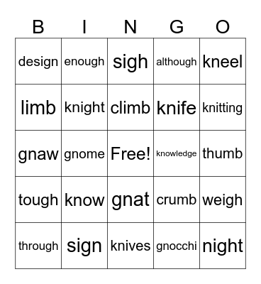 Silent Letters Bingo Card