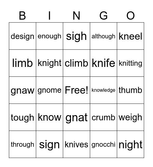 Silent Letters Bingo Card