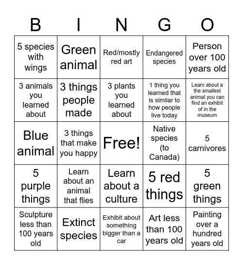Museum Bingo Card
