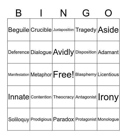 Vocabulary Bingo 11th VI Bingo Card