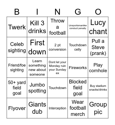 Giants Tailgate Bingo Card