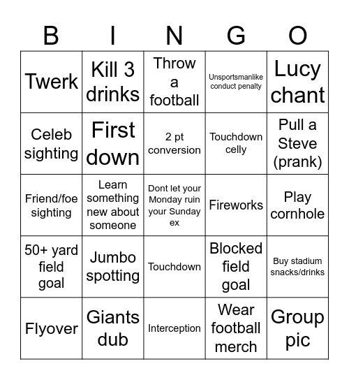 Giants Tailgate Bingo Card