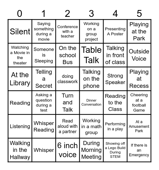 Voice Level Bingo Card