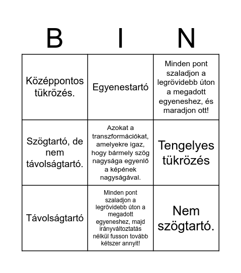 Geometriai transzformációk Bingo Card