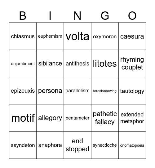 Literary Devices Bingo Card