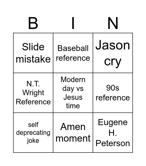 Church Bingo Card
