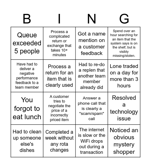 Retail Peak Bingo Card