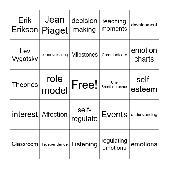 Social Emotional competence Bingo Card