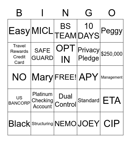 US BANK Bingo Card