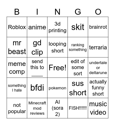 yt shorts bingo Card