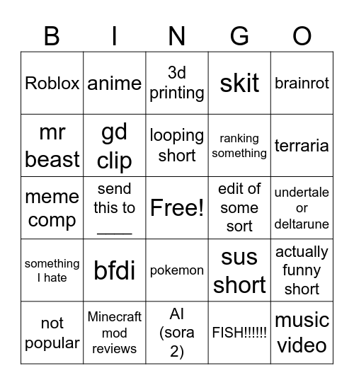 yt shorts bingo Card