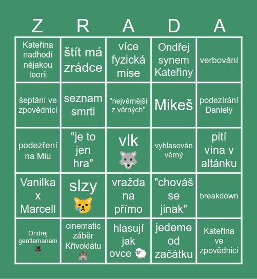 ZRÁDCI S2 EP09 Bingo Card