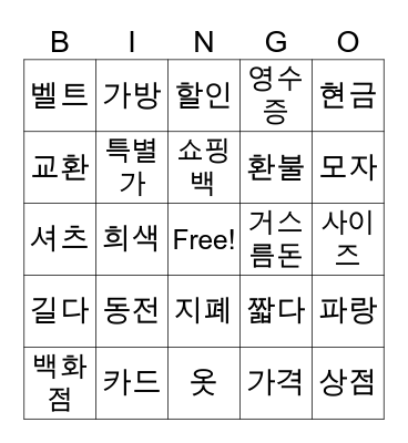 Shopping Vocabs Bingo Card