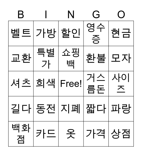 Shopping Vocabs Bingo Card