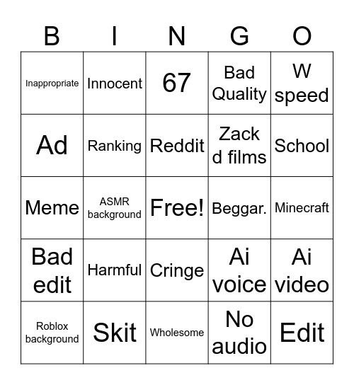 Yt shorts Bingo Card
