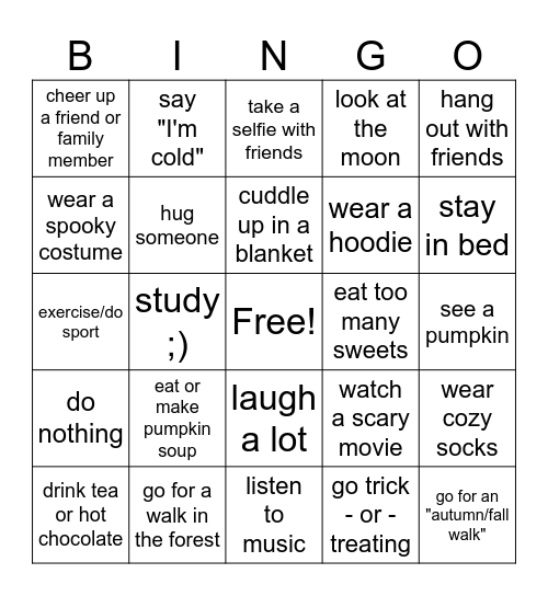 Fall Break/Autumn Break Bingo :) Bingo Card