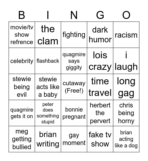 Family Guy Bingo Card