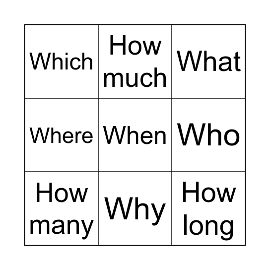 Question Words Bingo Card